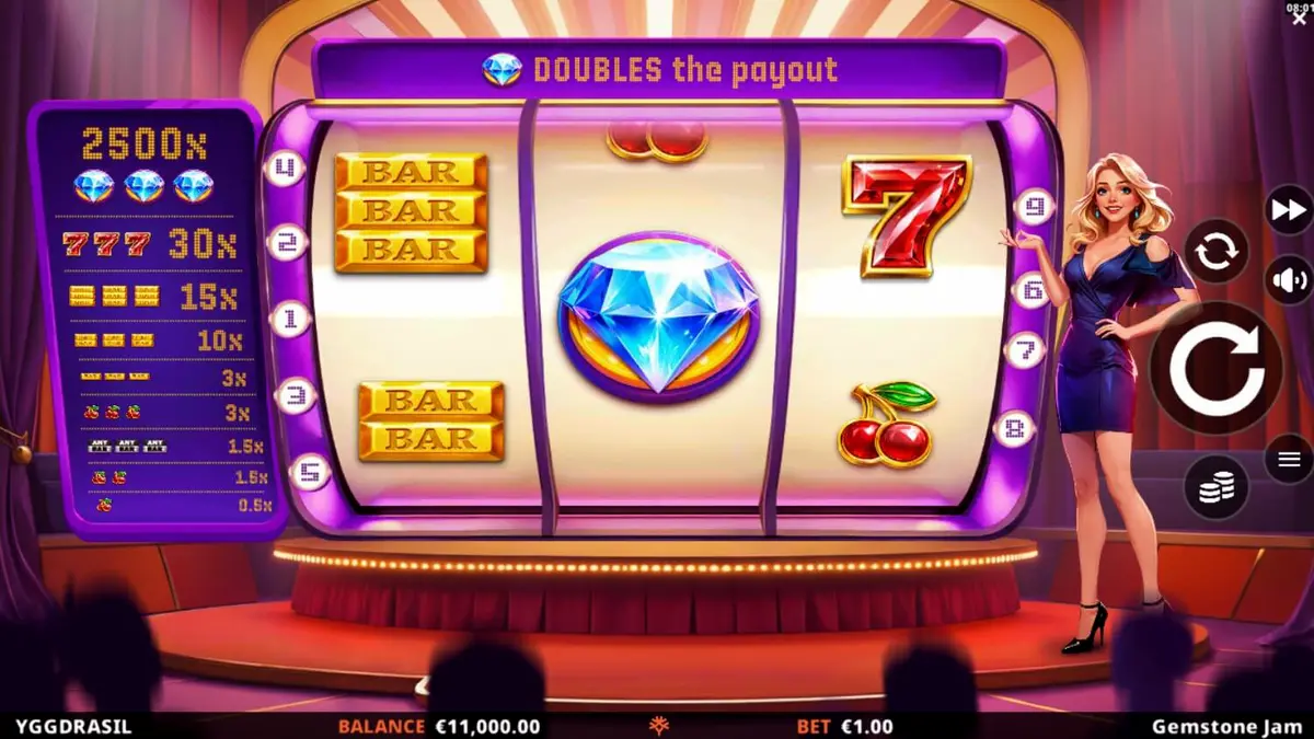Tampilan visual slot Gemstone Jam dengan simbol permata dan nuansa panggung televisi