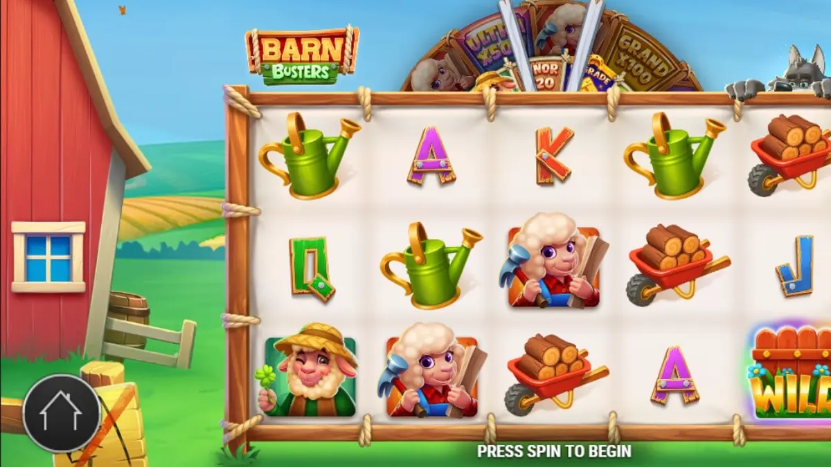 Tampilan visual slot Barn Busters dengan latar belakang pertanian dan simbol-simbol bertema pedesaan.
