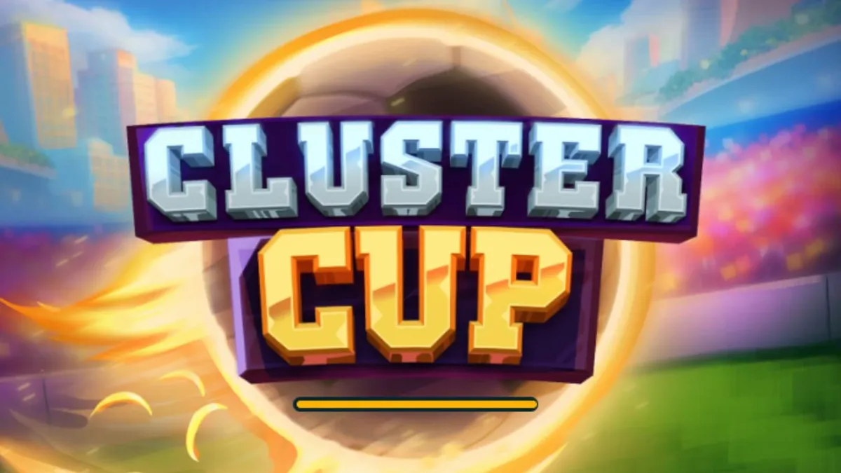 Tampilan visual grid 7x7 pada slot Cluster Cup dengan tema stadion sepak bola yang meriah.